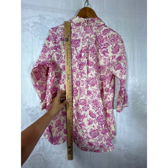 Lands End Button Up Tunic 12 Yellow Pink Floral No Iron Supima - Picture 12 of 12